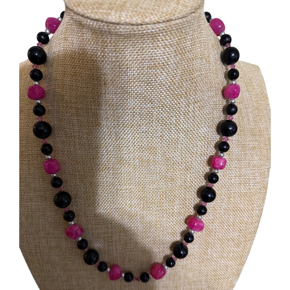 Pink Black Beaded Statement Necklace Silver Tone Toggle Clasp‎ Y2k
